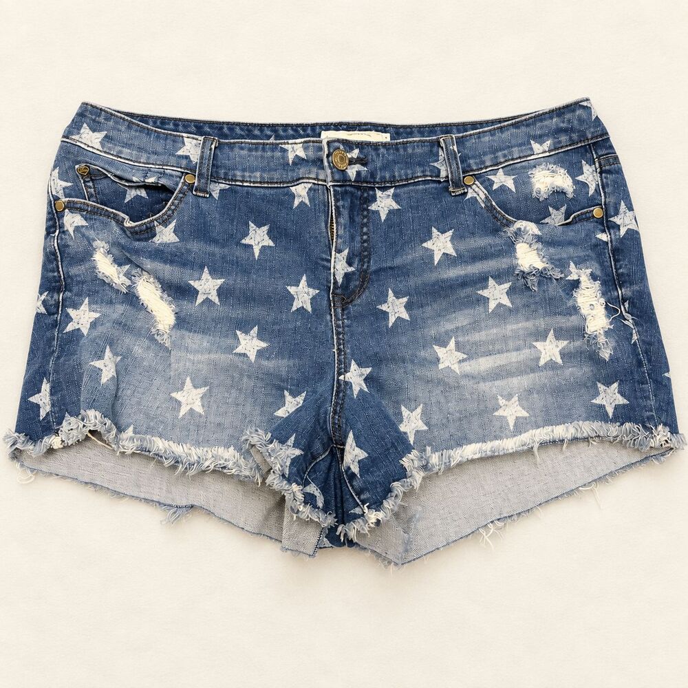 Torrid Denim Shorts Womens Plus Size 20 Blue White Star Print Distressed Cutoff